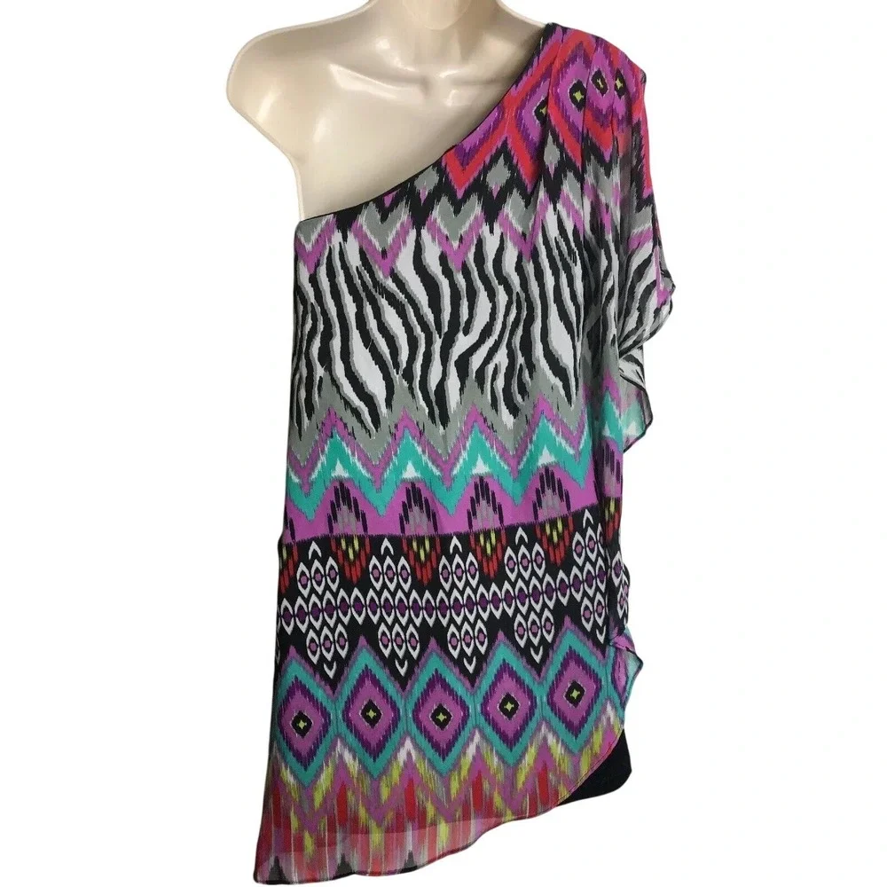Bisou Bisou Michele Bohbot One Shoulder Dress Size 4 Zebra Geometric Print Black